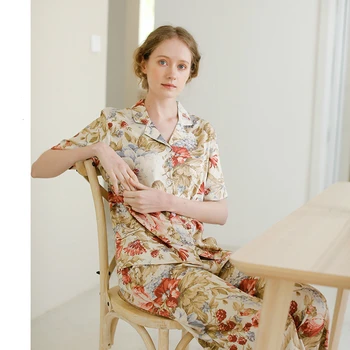 

Flower Short-sleeved Long Trousers Pajama Sets Women Collarless Pullover Pajamas Suit for Home Wear Pyjama Femme Woman Clothes