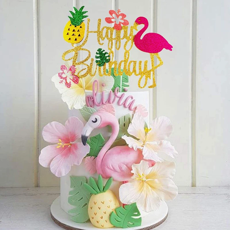 Summer Birthday Flamingo Pineapple Aloha Letter Cake Toppers Party Decorates Cupcake Topper for Hawaiian Tropical Wedding Party