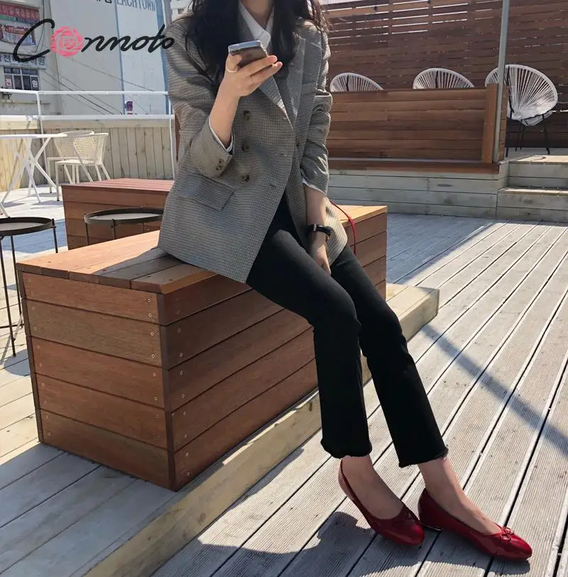Conmoto, модный двубортный женский Блейзер, куртки, зима, женские классические клетчатые куртки и пальто, женские клетчатые куртки