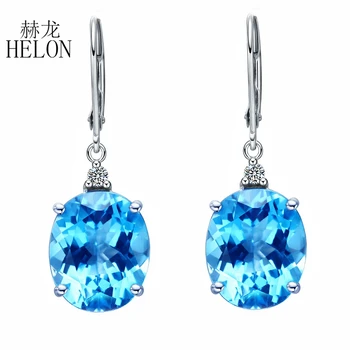 

HELON Solid 14K White Gold Oval 12ct 100% Genuine Natural Blue Topaz & Diamonds Engagement Wedding Drop Earrings Women Earrings