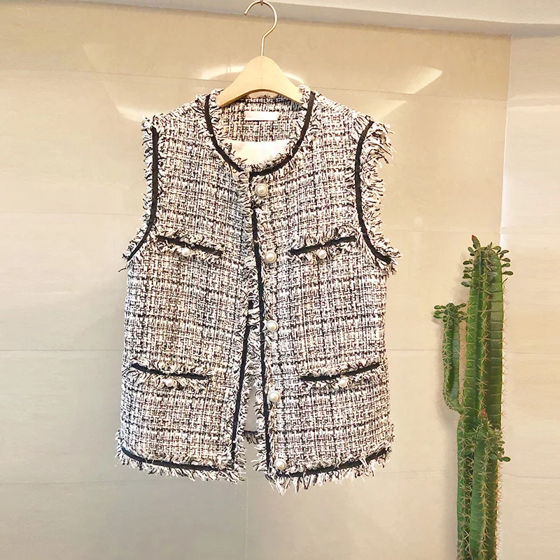 

New 2019 Autumn Tweed Jacket Women Sleeveless Pearl Buttons High Quality Tweed Outerwear Vintage Short Small Fragrance Coat
