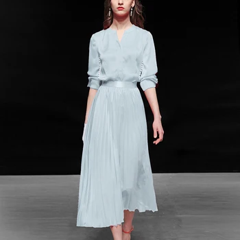 

Seifrmann Spring Summer Fashion Suit Women V-Neck Beading Blue Tops + Bohemian Ladies Slim Pleated Midi Skirts 2 Two Pieces Set