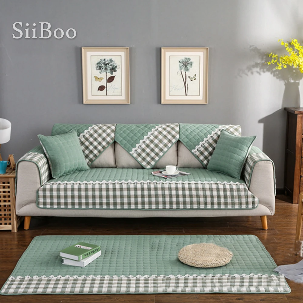 Blue green red plaid sofa cover pure cotton quilting sectional