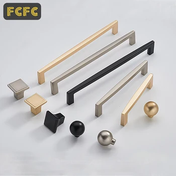 FCFC Brushed Gold Cabinet Door Handles Solid Brass Pulls Knobs Kitchen Cupboard Pulls Drawer Knobs Furniture Handles Hardware