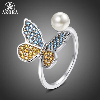 

AZORA New Open Adjustable Finger Pearl Butterfly Rings for Women Fashion Jewelry Party Cubic Zirconia Ring Christmas Gift TR0240