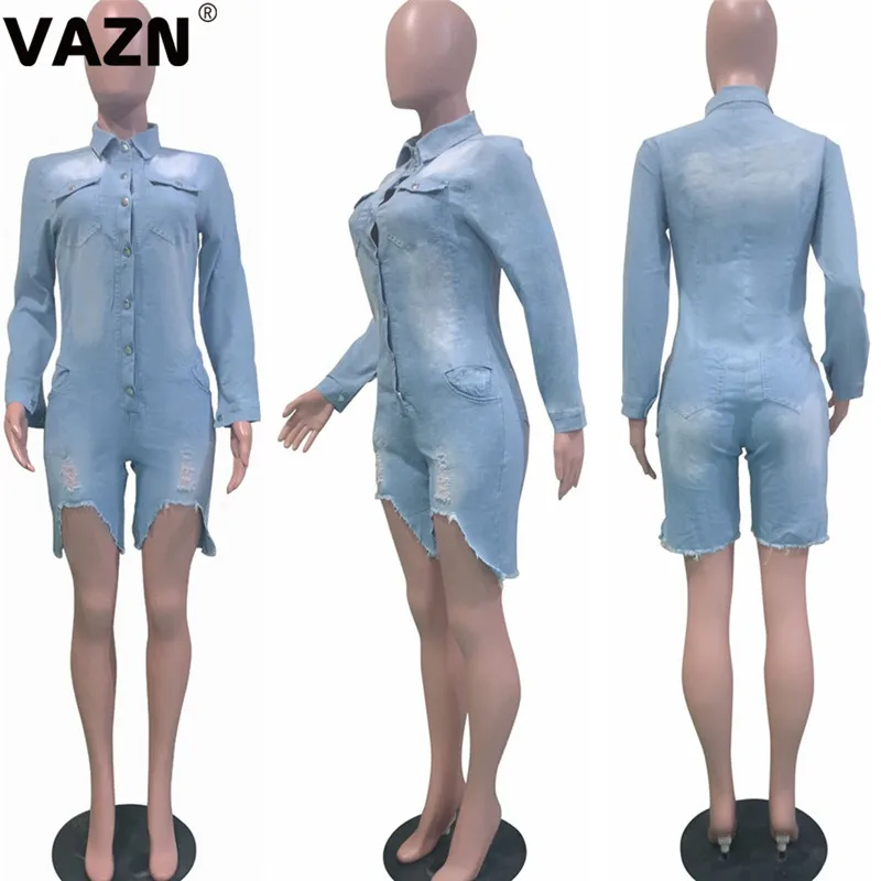 VAZN BN-013 осенний популярный сексуальный глубокий комбинезон с треугольным вырезом женский длинный рукав однотонный Комбинезоны женские обтягивающие джинсовые штаны комбинезоны