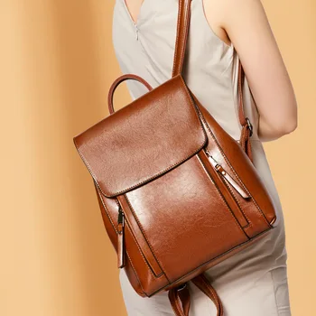 

Leather Backpack Women's Bag 2019 New Style Fashion Oil Wax Leather Shoulder Backpack Leather Ladies backpack Purse