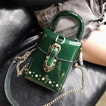 

Autumn Small Bag Female Chain Rivet Mobile Phone Bag High-grade Glossy Patent Leather Handbags Shoulder Messenger Bag Sac A Main