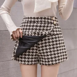2023 Spring Winter Woolen Houndstooth Shorts Women Buttons High Waist Irregular Skirts Shorts Warm Thicken Short Pants