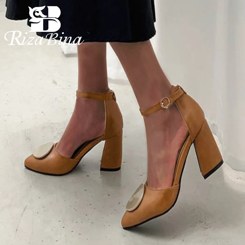 

RIZABINA Size 32-46 Women Fashion Pumps Shoes Metal Buckle Pointed Toe Shoes Women Square Heels Button Decoration Footwear