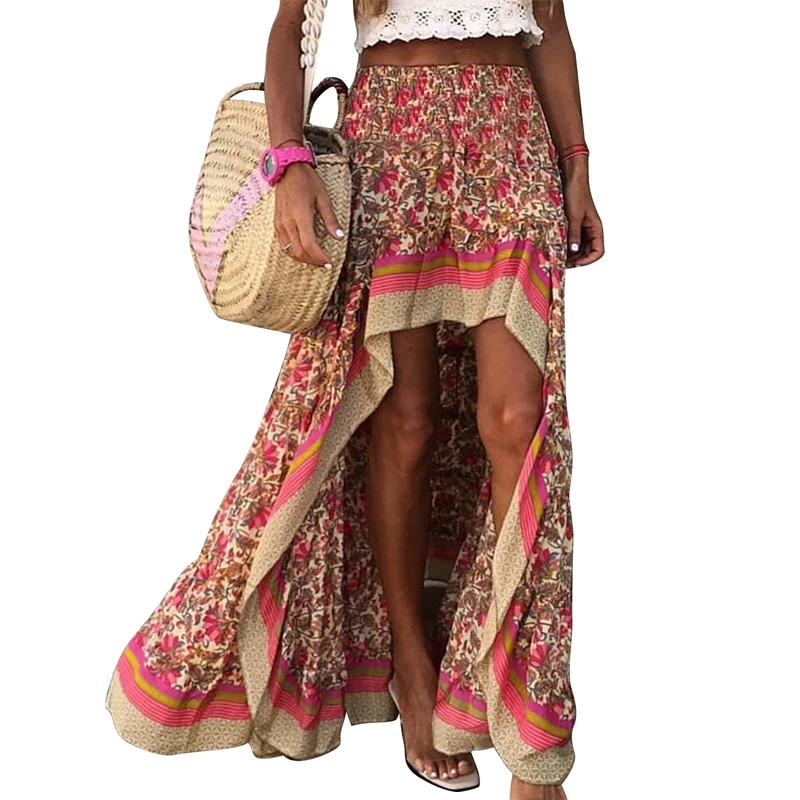 De moda corto por delante la longitud trasera Maxi faldas las mujeres Sexy de cintura alta falda de playa Boho elegante Irregular Falda larga Mujer Bata