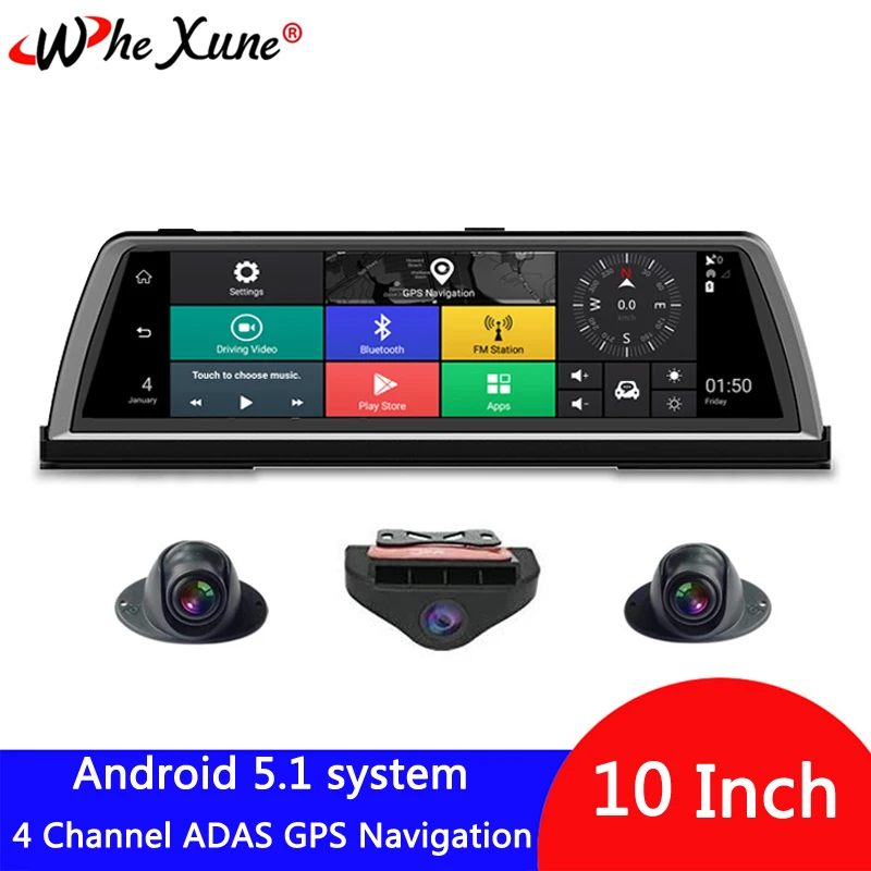 WHEXUNE 4G 10\ Full HD 1080P 4 Channel ADAS Android 5.1 Car DVR Dashcam Center console mirror GPS WiFi Rear Lens Video Recorder