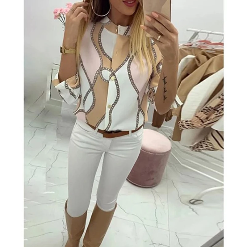Chain Print Women's Blouse Shirt Button Long Sleeve Fashion Woman Blouses Womens Tops and Blouse Ladies Top Female 5XL