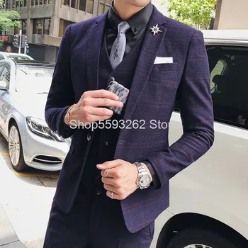 

Autumn Style Leisure Time Grid Suit Suit Male Slim Fit Groom Dress Suit Three-piece Set