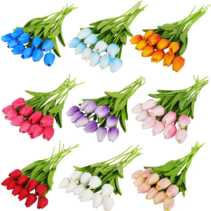 

10 20 30 Heads Artificial Flowers Real Touch Tulips Wedding Bouquets Flowers Fake PU Tulips for Wedding Decoration Home Garden