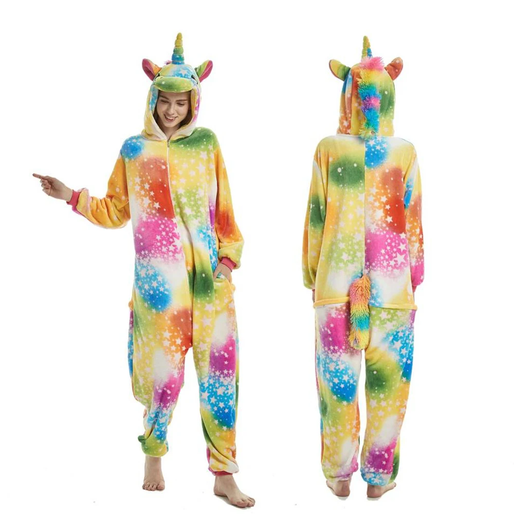 Пижама в виде единорога, зимняя Пижама для взрослых, пижама кигуруми, Ститч, панда, единорог, женский комбинезон, костюмы в стиле аниме - Цвет: Colorful unicorn