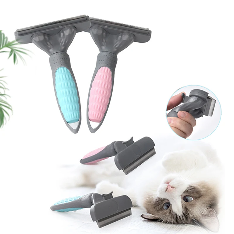 Dog Hair Removal Comb - Stainless Steel Grooming Brush For Dogs & Cats, Non-Slip Handle (Pink/Grey)