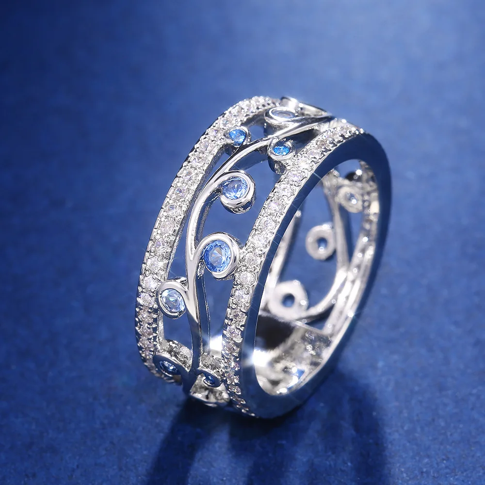 

Creative Hollow Design Geometric Lines with Micro Inlaid Blue Crystal Zircon Rings for Women Wedding Party Cocktail Jewelry