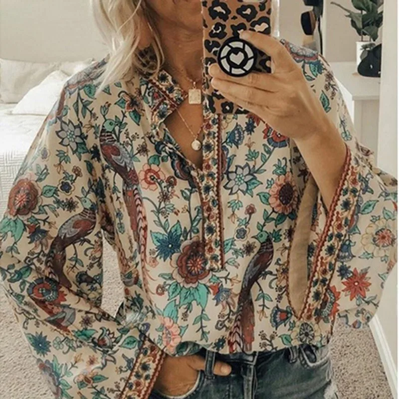 

2019 Boho Blouse Women Shirt Sexy V-Neck Floral Print Long Sleeve Shirt Tops Autumn Chic Plus Size Blouses