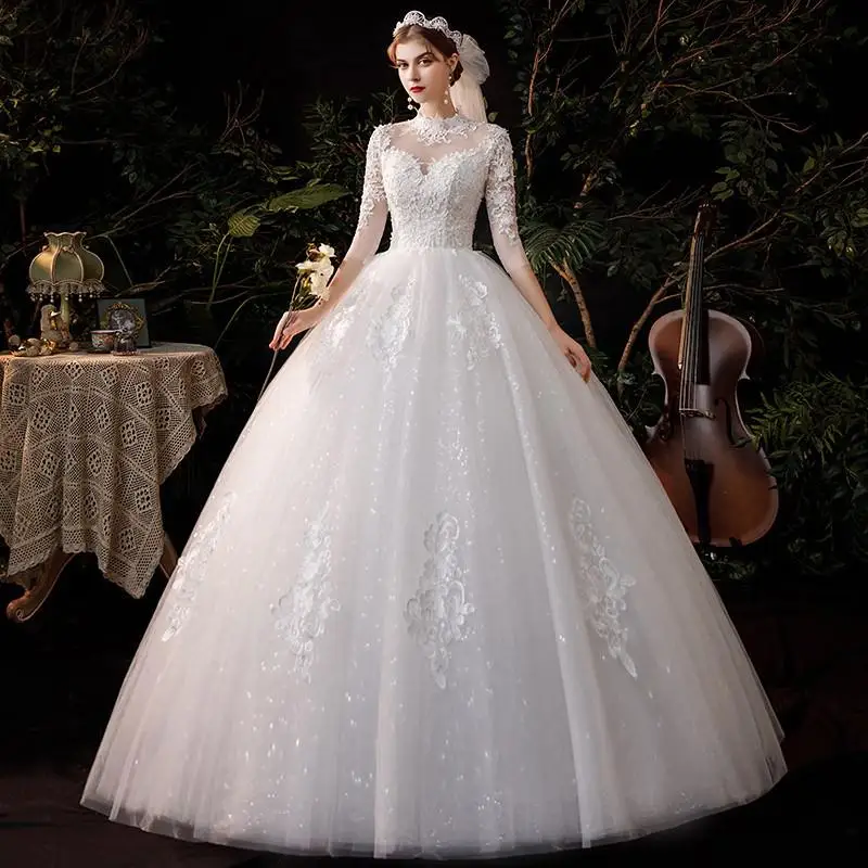 Luxury Lace Applique Long Train Wedding Dresses Embroidery High Bride Dress Plus Size With Sleeve Three Quarter Vetidos De Novia ball gown wedding dress Wedding Dresses