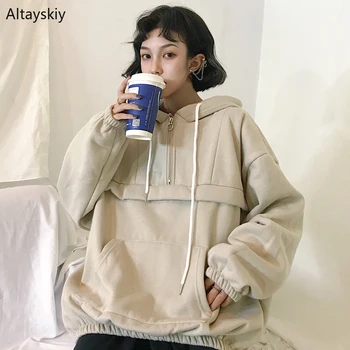 

Hoodies Women Elastic Cuff Solid Thicker Hooded Simple All-match Soft Daily Korean Style Womens Trendy High Quality Sweatshirts