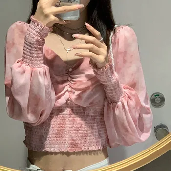 

L Smudge Pink Thin Tops Retro Chiffon Shirt Fashion Agent