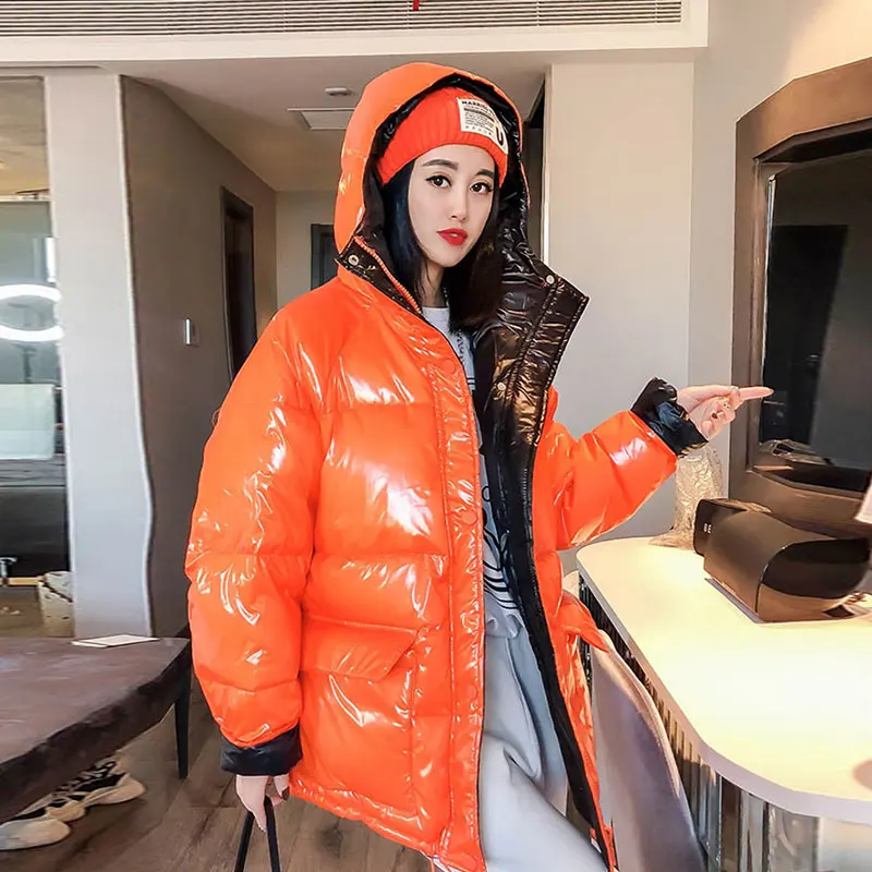 

Glossy Down Coat Women Short 2020 Winter New Korean Loose Candy color White Duck Down Jacket Lady Fashion Hooded Streetwear D208