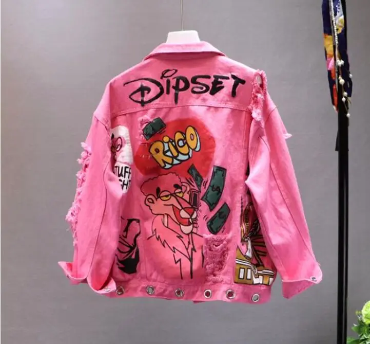 Greatest  Red / Yellow Jeans Jacket New Spring Autumn Women's Graffiti Alphabet Printing Lace Bow Pin Hole De