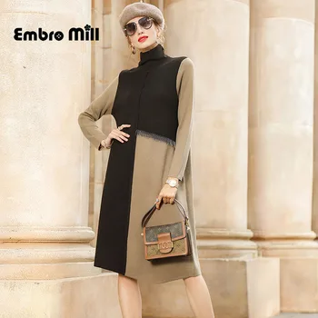 

Autumn And Winter New High Quality Dress Street Style turtlenec Long Sleeve splice tassel Elegant Lady A-line Dress S-XL