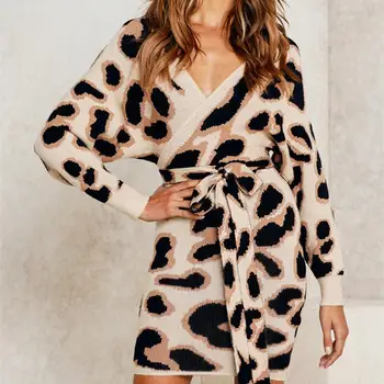 

Women Sexy Leopard V Neck Waist Belt Long Sleeve Backless Bodycon Mini Dress Women Vintage Sexy Party Dress
