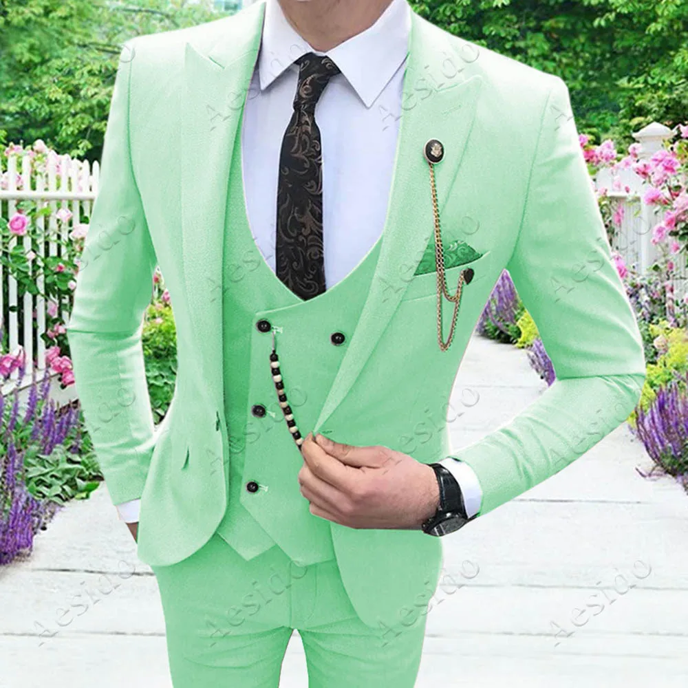 Aesido повседневные мужские костюмы, приталенные смокинги для выпускного, двубортный Блейзер, жилет, брюки, набор, классический костюм для свадебных женихов, мужские - Color: Mint Green
