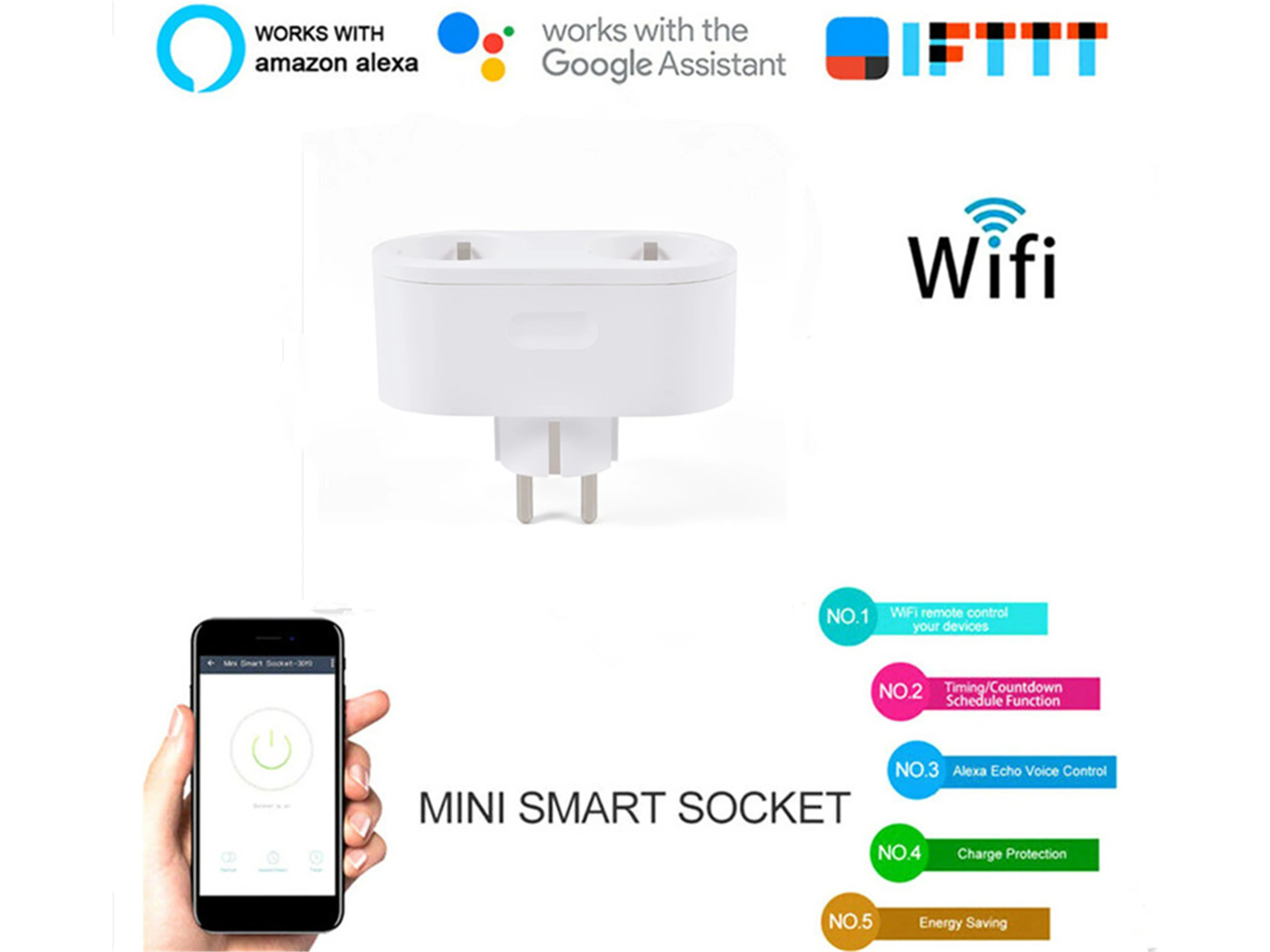 

2-Channel EU Smart Plug Wireless Wifi Socket Switch Timing Work With Alexa/Google/IFTTT For Voice Remote Control FCC Certified