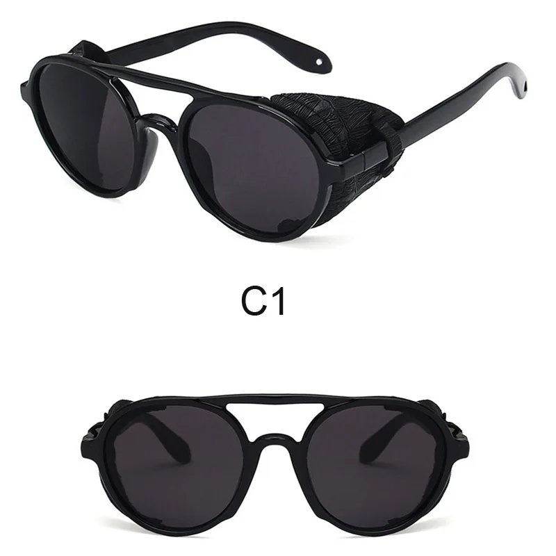Модные круглые солнцезащитные очки в стиле стимпанк, Мужские Винтажные Солнцезащитные очки в стиле панк, мужские ретро кожаные очки унисекс, крутые черные очки - Цвет линз: 1