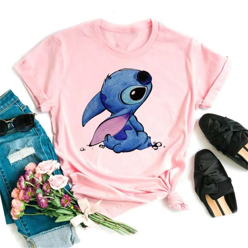 Kawaii футболка с Лило стичем женские кавайные Топы забавная мультяшная розовая
