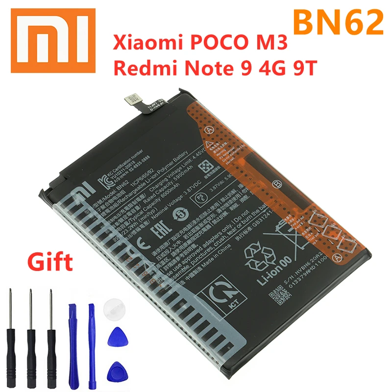 100% Оригинальный аккумулятор Xiao mi BN62 6000 мАч для телефона Xiaomi POCO M3 Redmi Note 9 4G 9T