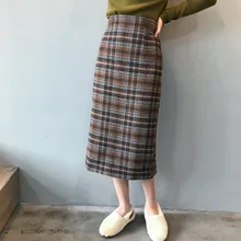 Новинка, осенняя и зимняя приталенная шерстяная юбка в клетку, Женская юбка в клетку, Зимняя юбка