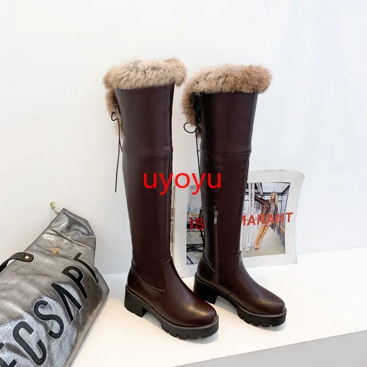 

2019 Luxury Genuine Leather Over-Knee Boots Rabbit Fur Designers Heels Women Woman Flat Platform Wearing Round Toe Botas Mujer