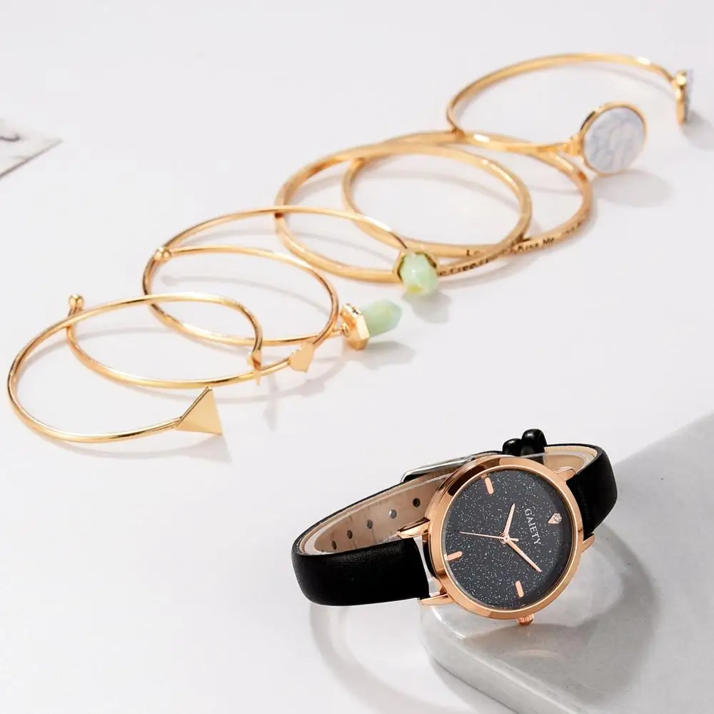 Креативные Часы 6 шт. комплект из розового золота кварцевые часы для женщин браслет набор женские часы Подарочный ювелирный набор Relogio Feminino Montre Femme