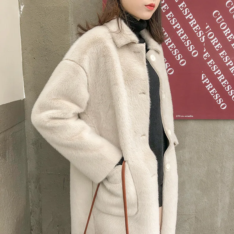 Модное Длинное меховое пальто с отложным воротником и длинным рукавом, зимнее высококачественное замшевое женское плотное пальто Casaco Feminino