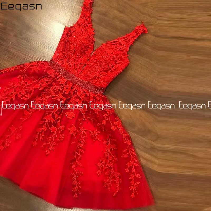 Eeqasn robe Elegant Red Lace Cocktail Dress Short A-line Back Open Beaded Belt Prom Dresses Woman Party Night Gala
