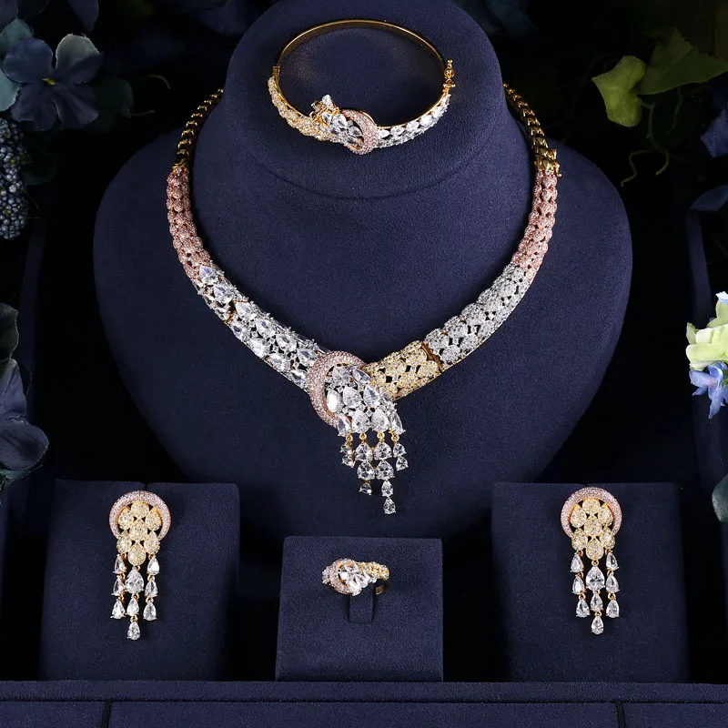 

jankelly Gold-Color 4pcs Bridal Zirconia Jewelry Sets For Women Party, Luxury Dubai Nigeria CZ Crystal Wedding Jewelry Sets