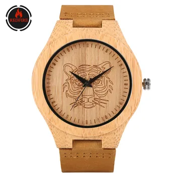 

REDFIRE Etching Tiger Head Bamboo Wood Men Watch Brown Genuine Leather Wrist Watch Hot Fashion Wooden Clock Quartz Timepiece