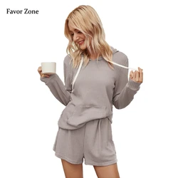 Solid Color Tracksuit For Women Pullover Hooded Pockets Long Sleeve Tshirt Loose Shorts Women's Two Piece Suit Sportswear Outfit