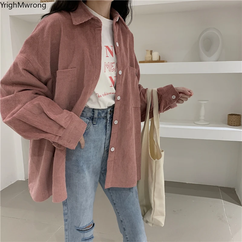 

Autumn Winter Women Vintage Solid Brown Pink Blue Corduroy Blouse Korean Women Fashion Loose Top Shirt Harajuku Streetwear Blusa