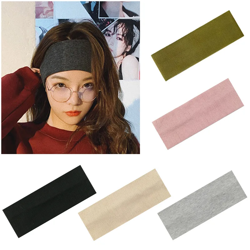 Women Headband Solid Color Wide Turban Hair Band Ribbed Cotton Hairband Girls Elastic Sports Yoga Hair Bands Accessories
