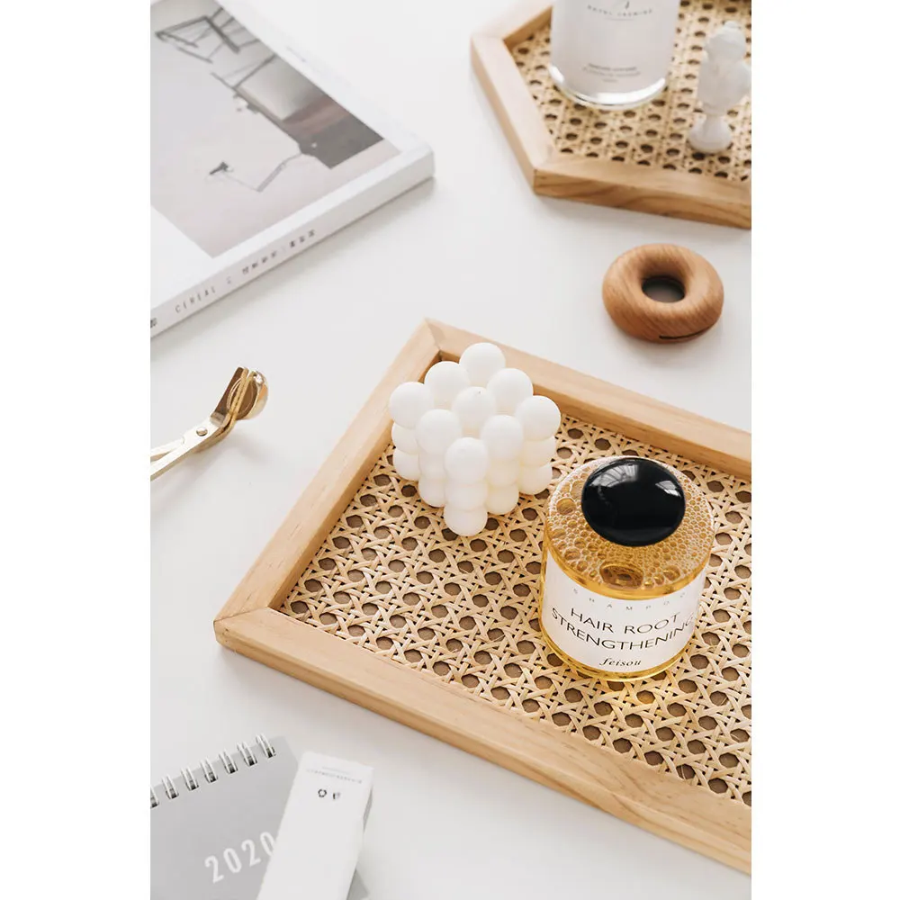 Home Nordic Rattan Woven Wooden Storage Plate Handmade Ins Wind Rectangular Geometric Ornament Key Storage Tray