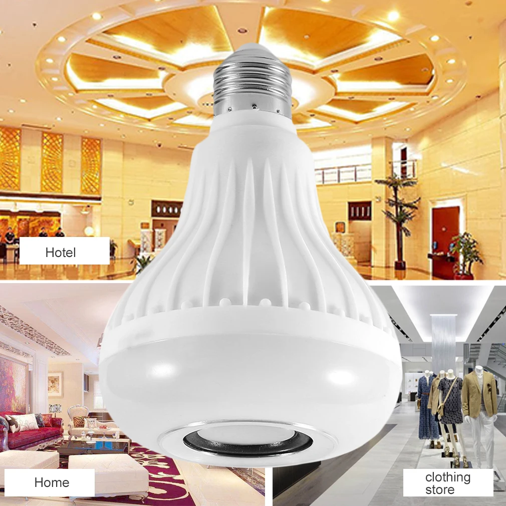 

Smart Wireless Bluetooth LED Stereo Audio Speaker RGB Colorful Bulb 12W 28 LEDs Light Beads Music Lamp Remote Controller
