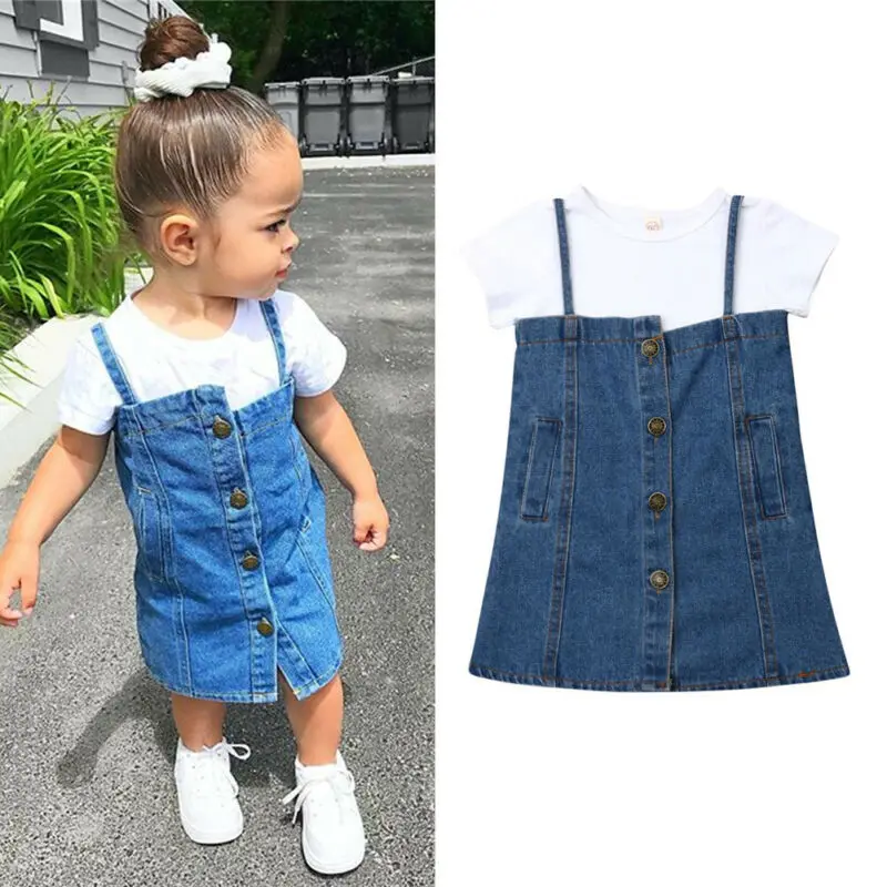 

Fashion Summer Kids Baby Girl Sets 2Pcs White T-Shirt Strap Buttons Denim Dress Children Girl Outfits Cotton Clothes 0-4Y