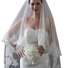 С украшением в виде кристаллов Бисер Соборные Свадебные вуали Фата невесты Винтаж Кружева Свадебные вуали изготовленные на заказ двух уровней