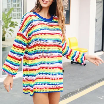 

JAYCOSIN Autumn warm Thin Knitted Sweater Women Autumn Colorful Stripe Sexy Jumper Pull Femme Slim Elasticity Pullovers Top 2019